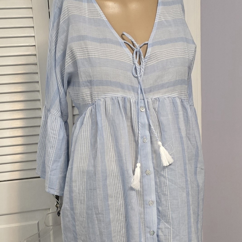 584 Blue White Stripe Baby Doll Top M Spring 3/4 Slvs Summer Blouse  NWT